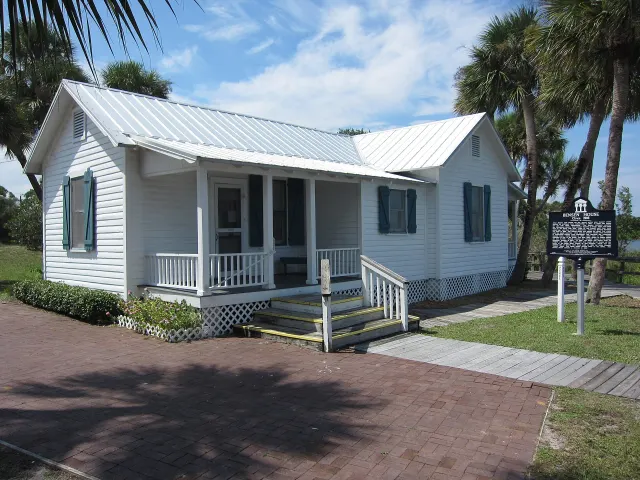 The historic Bensen House, a white frame pioneer cottage, on U.S. Route 1 in Grant, Grant-Valkaria, Brevard County, Florida