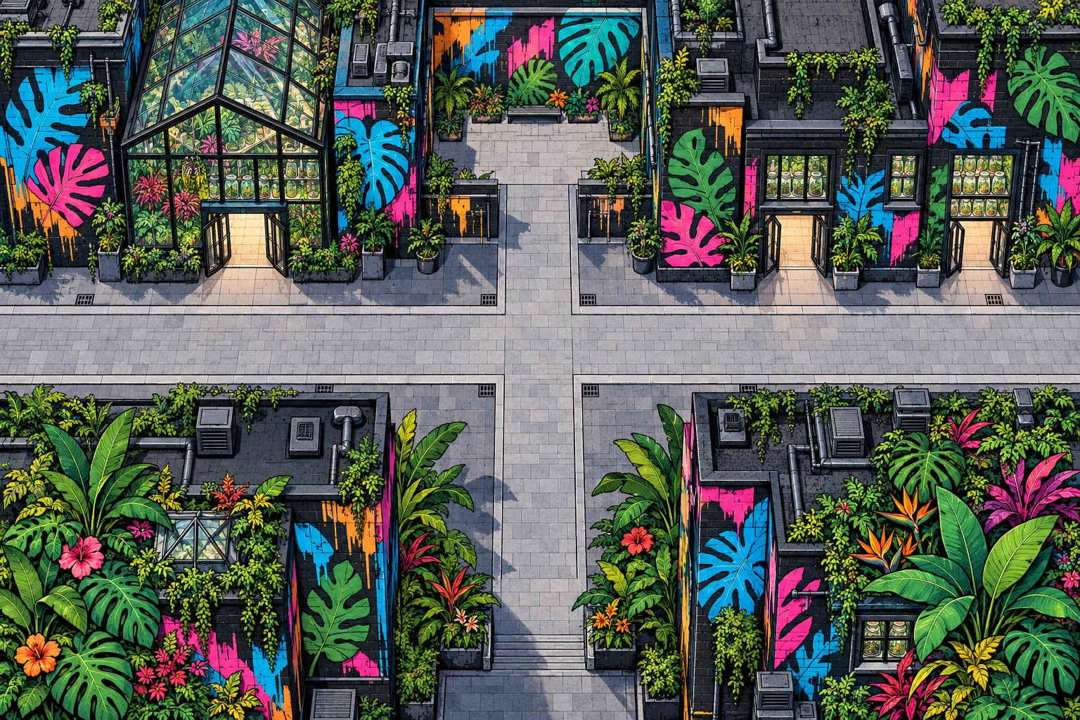 An inked botanical district with painted black brick walls, glass greenhouses and tropical foliage