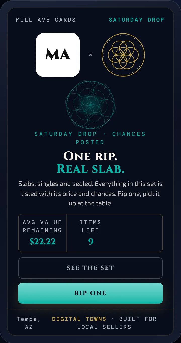The Local Rips run screen on a phone, showing a sealed pack and the average value still in the set.