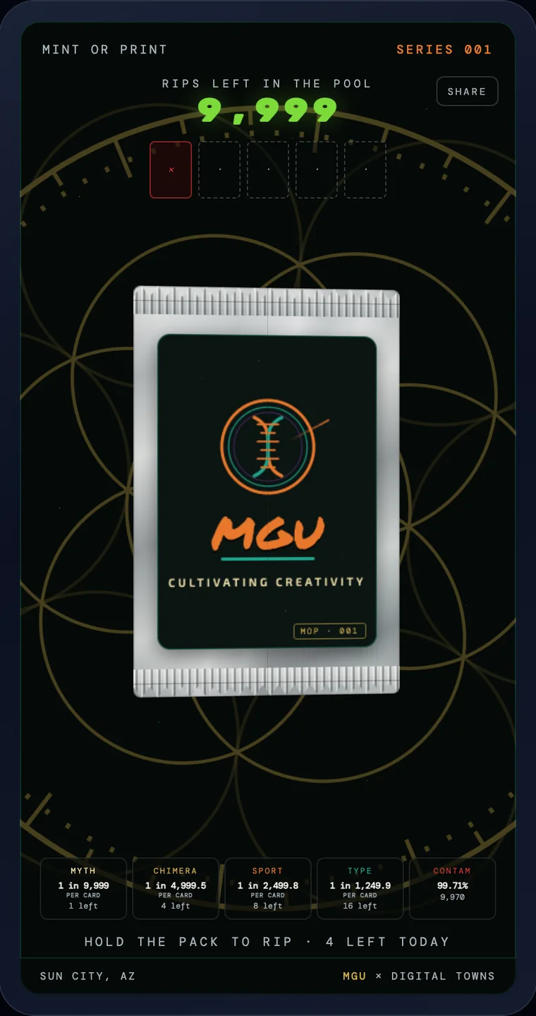 The Mint or Print pack resting on the gold Civitas Seal, with the live rip counter above it.
